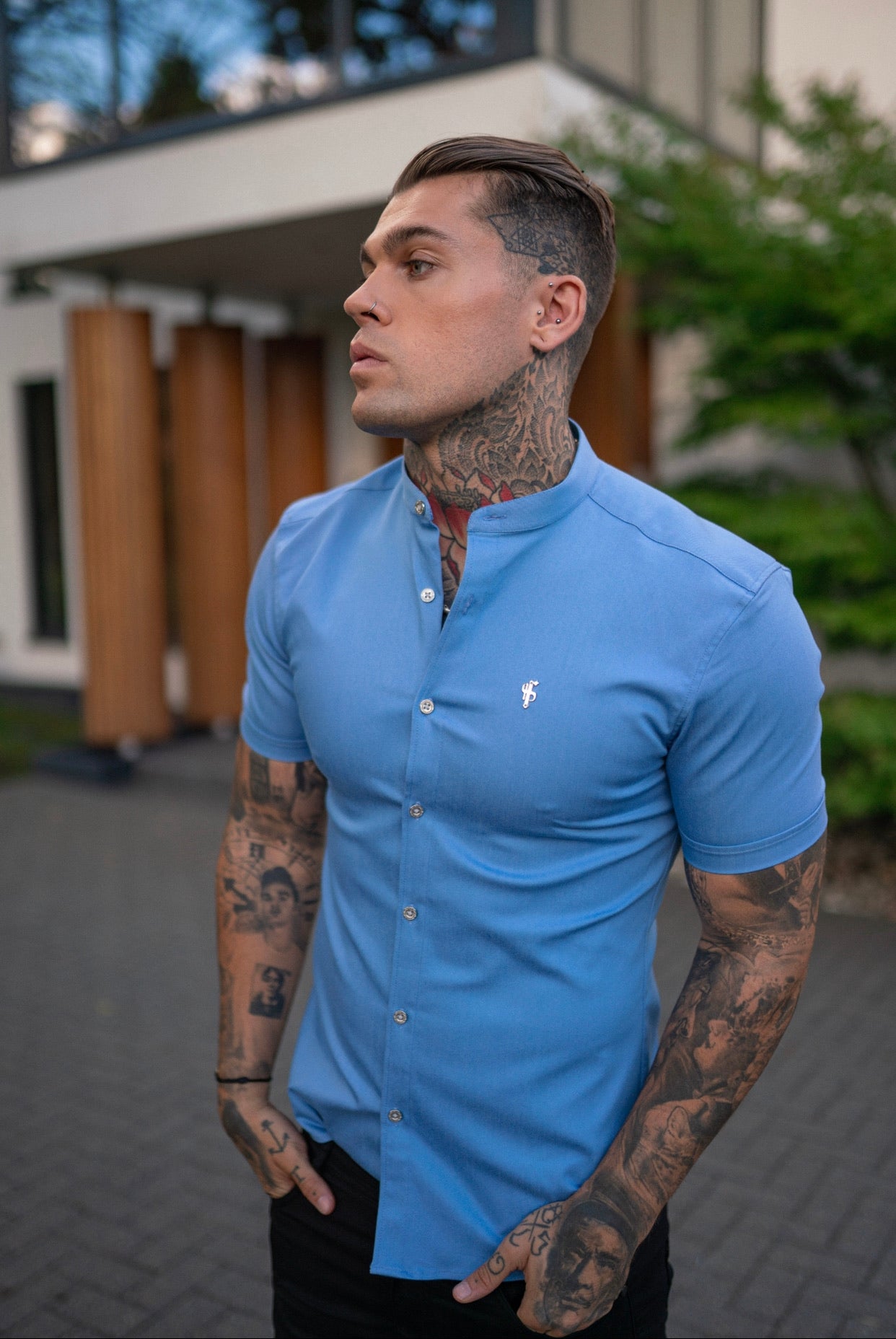 Super Slim Stretch Light Blue Denim Short Sleeve Grandad collar with Silver Metal Buttons and Decal Emblem - FS718