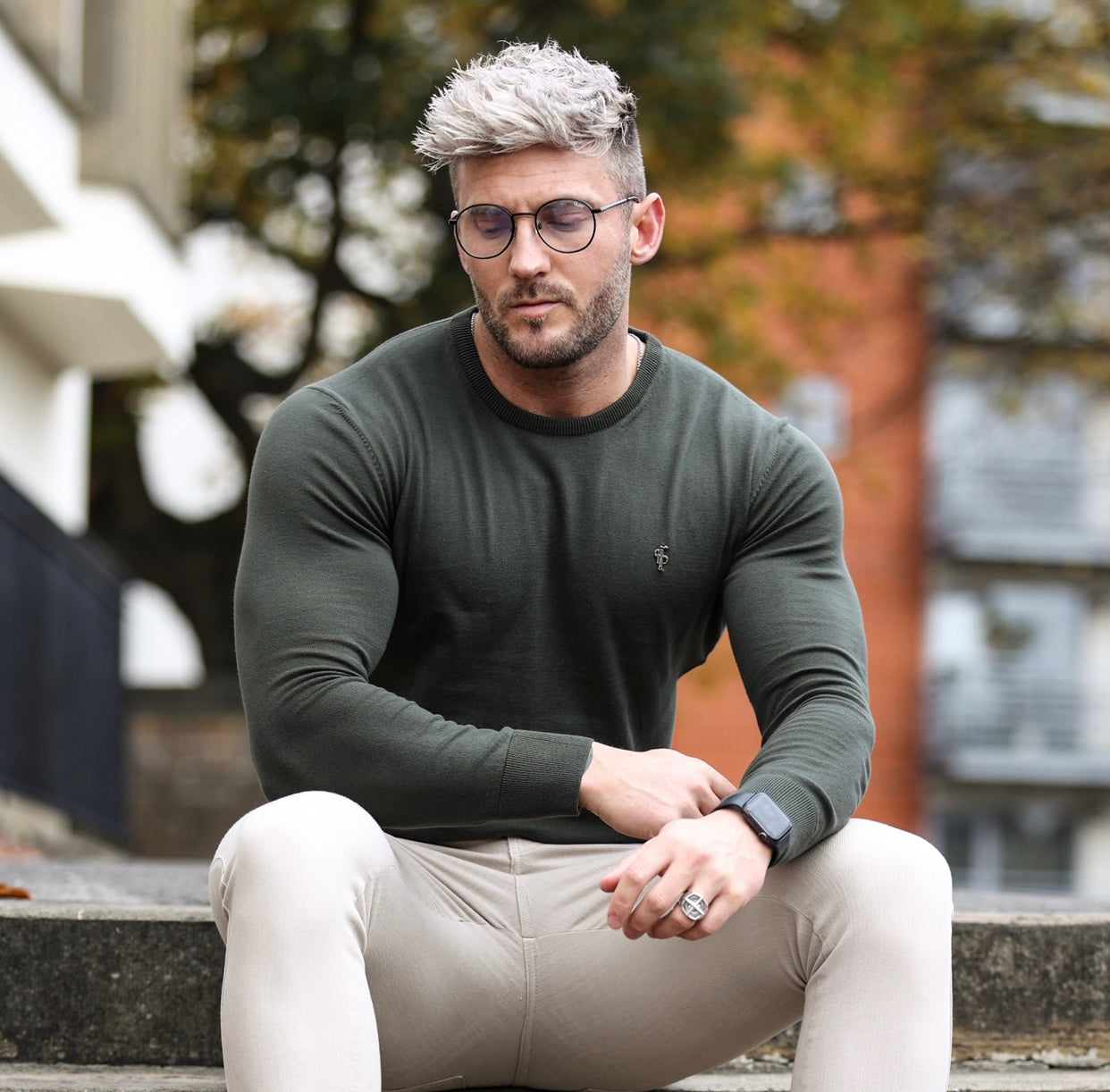 Classic Khaki Crew Neck Knitted Jumper with Gunmetal Emblem - FSH671
