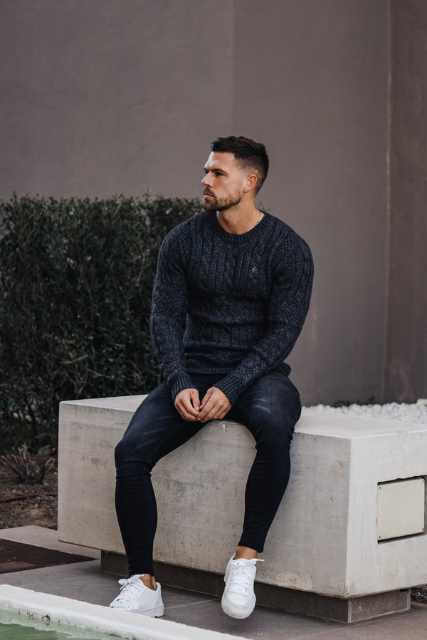 Father Sons Luxury Lambs Wool Braided Knot Charcoal Sweater With Metal Decal - FSN024