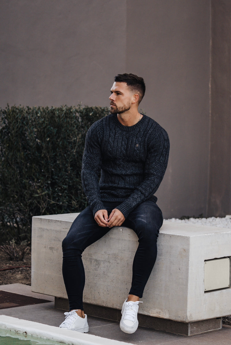 Father Sons Luxury Lambs Wool Braided Knot Charcoal Sweater With Metal Decal - FSN024