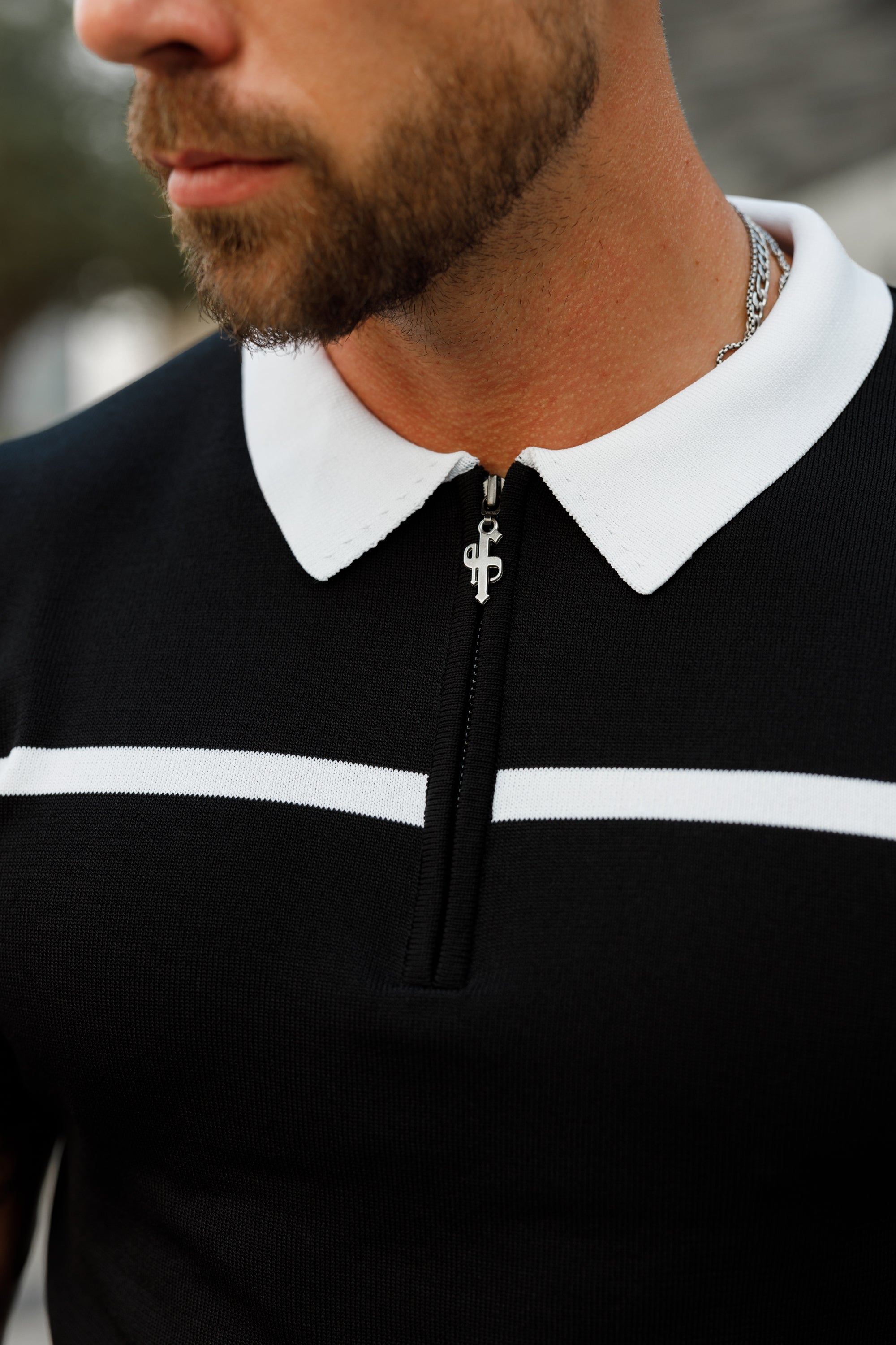 Classic Black / White Horizontal Stripe Zipped Polo Short Sleeve - FSN038