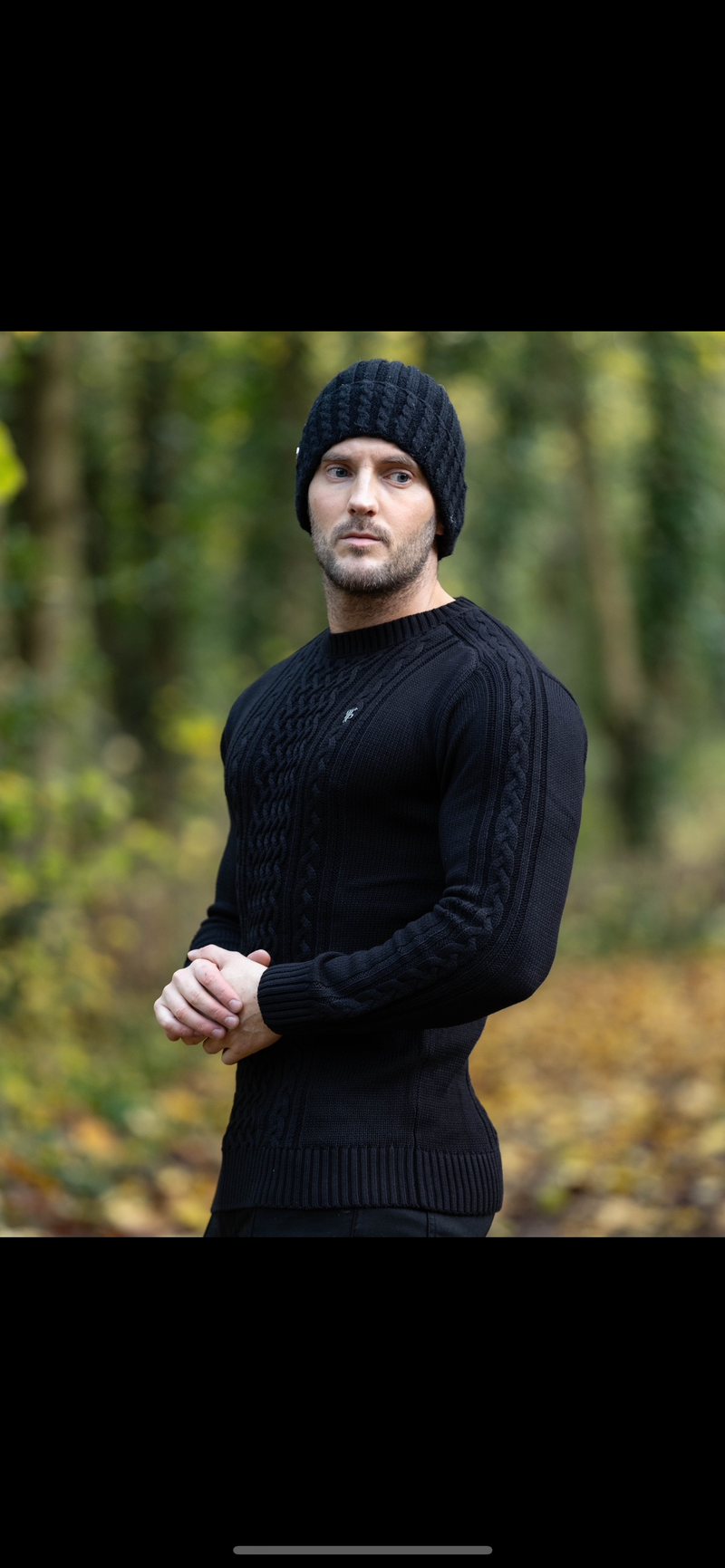 Father Sons Black Knitted Cable Saddle Crew Super Slim Sweater With Metal Decal - FSN073