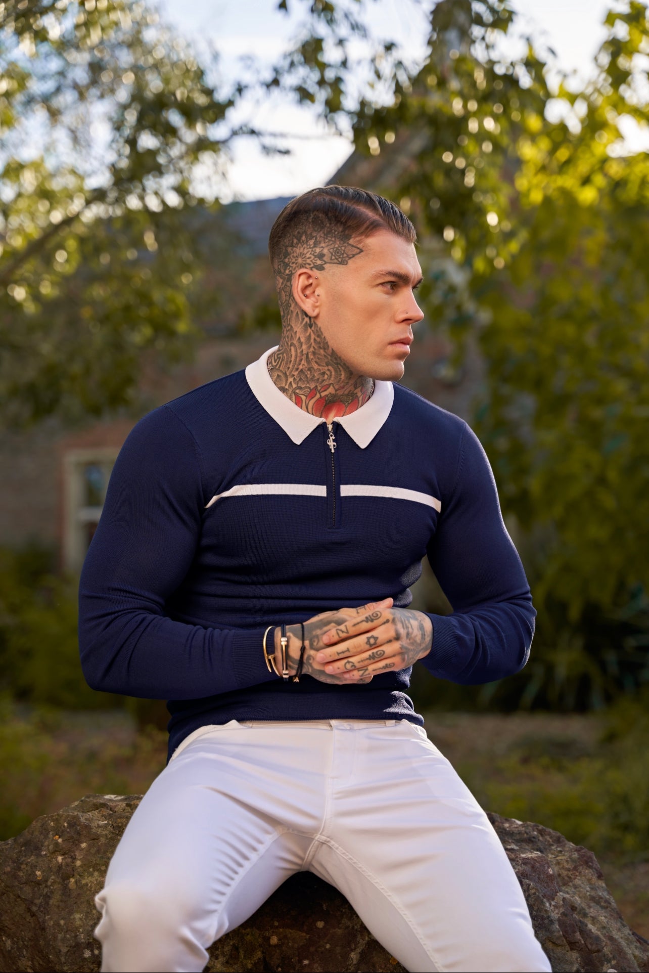 Classic Navy / White Horizontal Stripe Zipped Polo Long Sleeve - FSN048