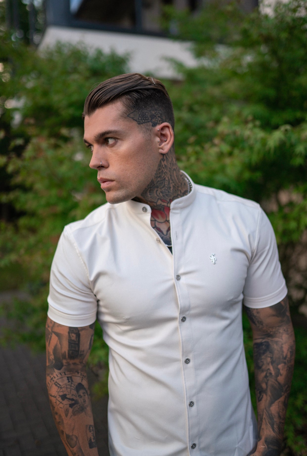 Super Slim Stretch Cream Denim Short Sleeve Grandad collar with Metal Buttons and Decal Emblem - FS726