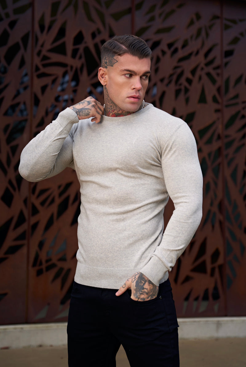 Father Sons Classic Light Grey Marl Crew Neck Knitted Sweater with Tonal Emblem - FSH674