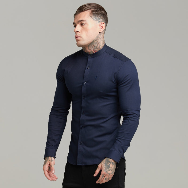 Father Sons Super Slim Stretch Grandad Collar Classic Navy Oxford  Long Sleeve - FS583