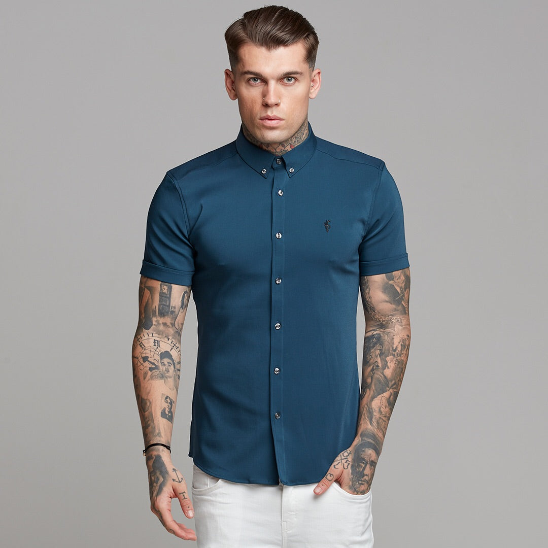 Super Slim Ultra Stretch Classic Teal Short Sleeve (Charcoal Buttons) -  FS485
