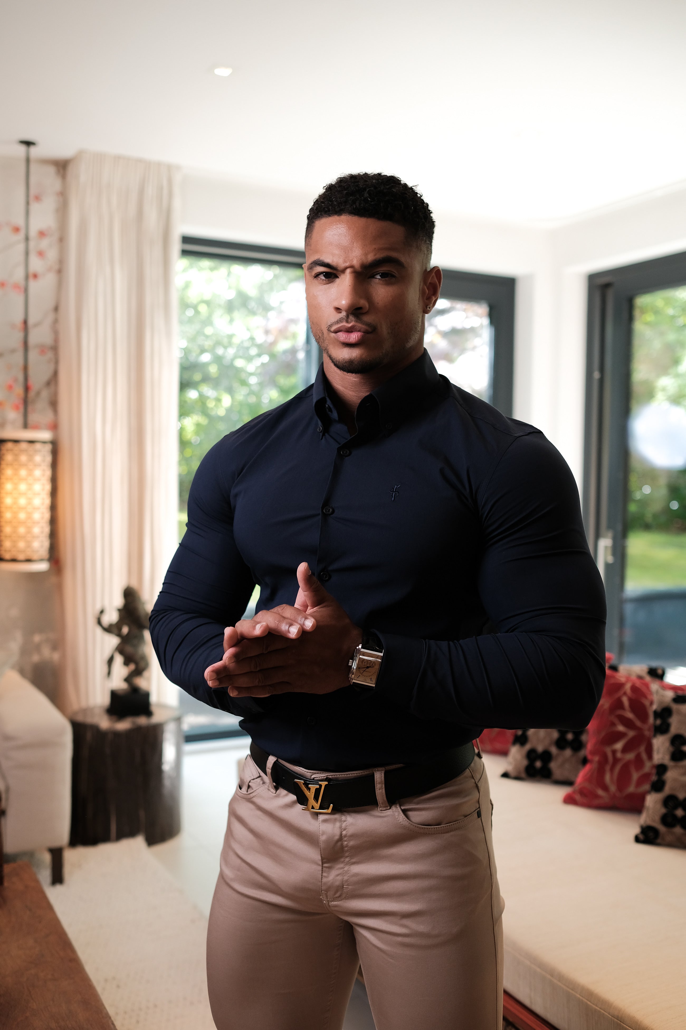 Classic Navy Stretch Shirt with Button Down Collar and Navy Embroidery - FS564