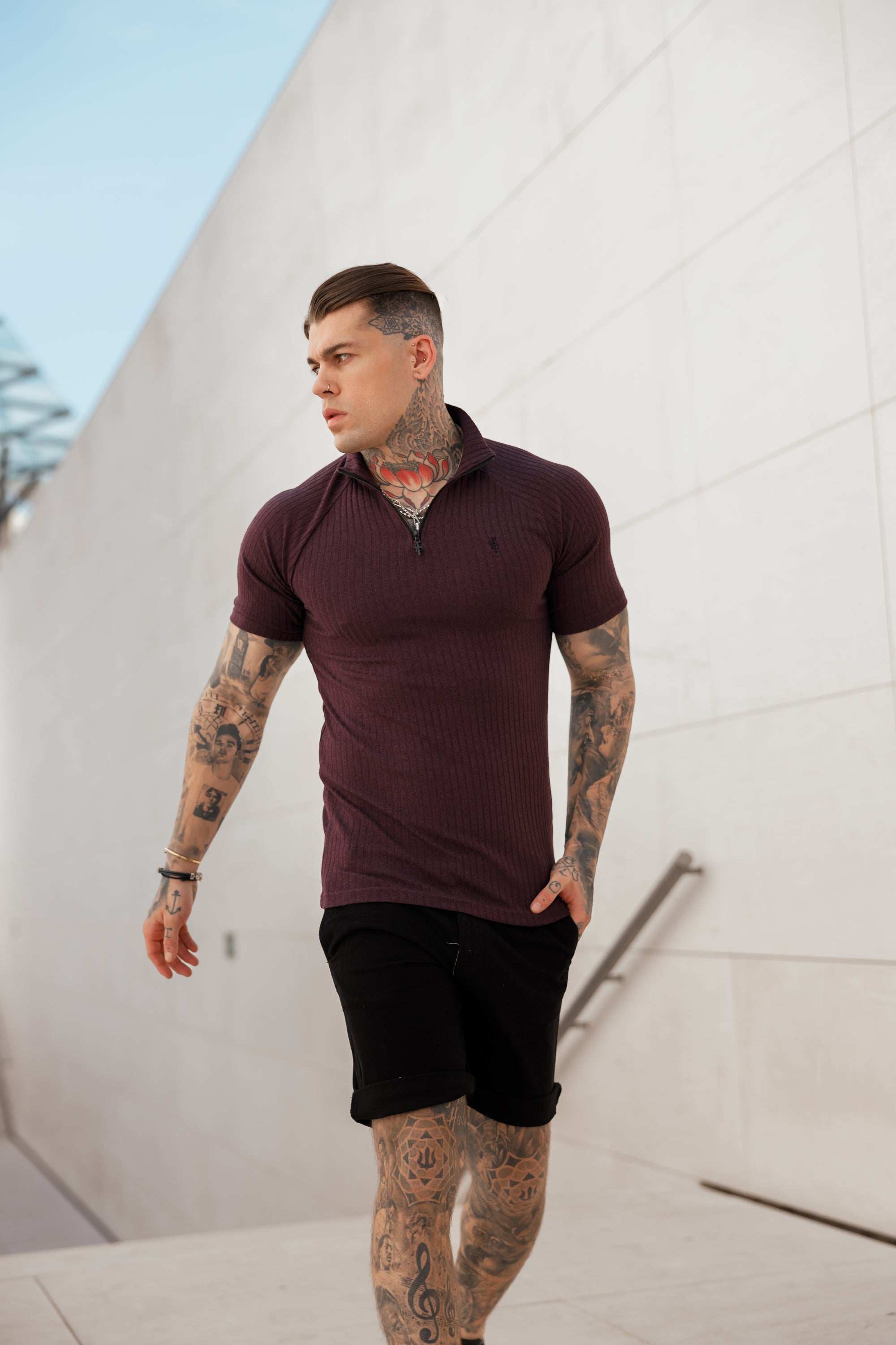 Classic Plum Ribbed Zip Funnel Neck Raglan Short Sleeve Crew - FSH732