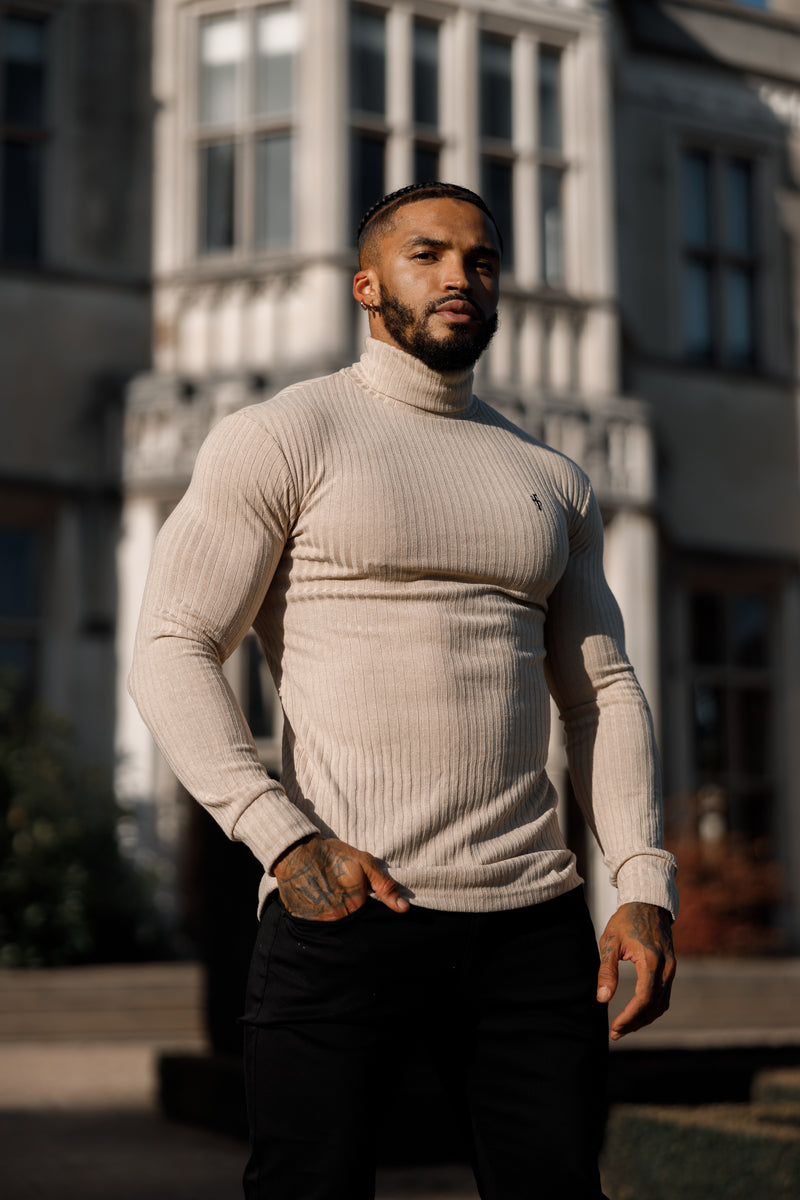 Father Sons Classic Beige / Black Ribbed Knit Roll Neck Sweater - FSH779