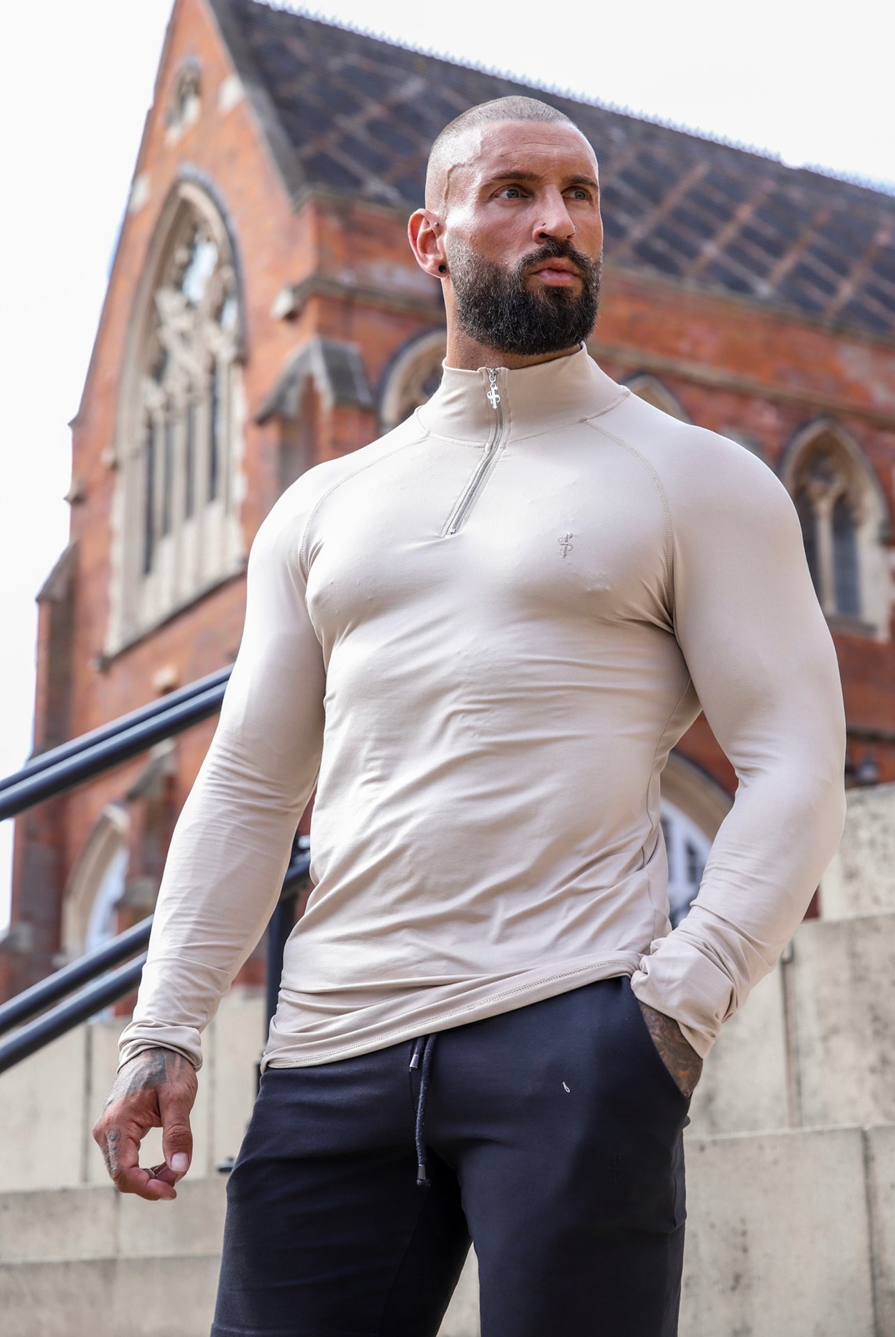 Long Sleeve Beige Half Zip Gym Top - FSH749