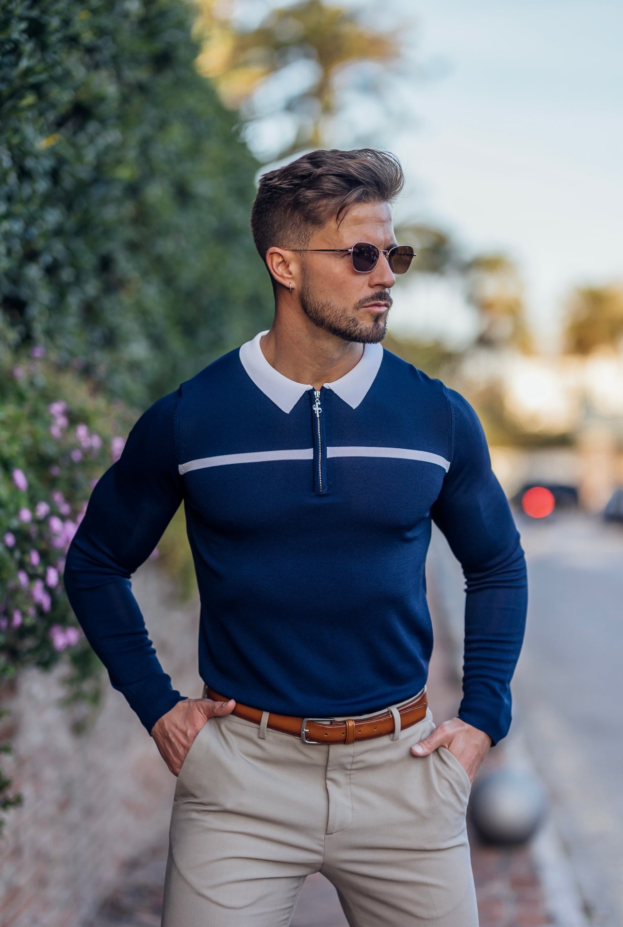 Classic Navy / White Horizontal Stripe Zipped Polo Long Sleeve - FSN048