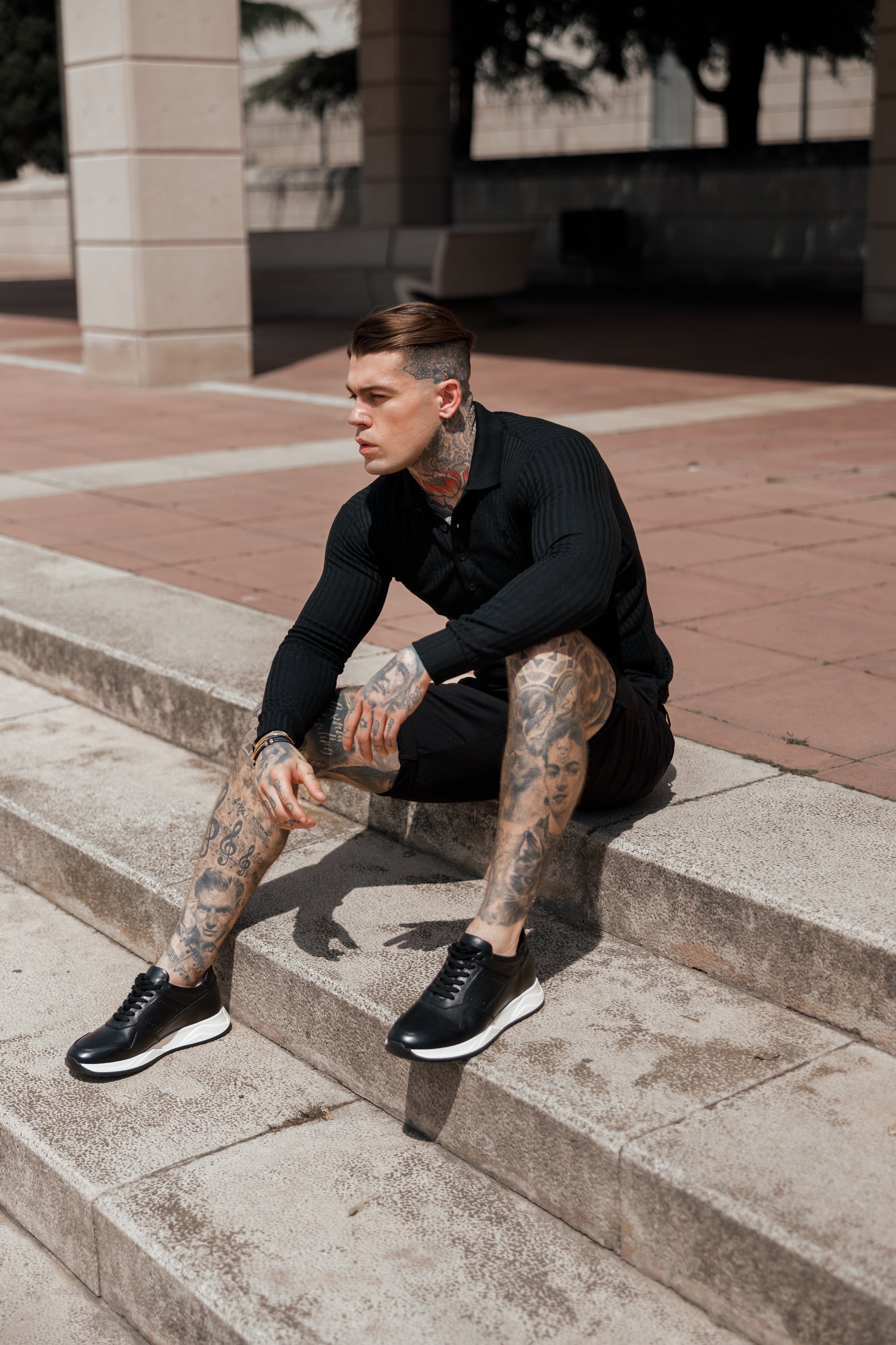 Super Slim Black Ribbed Polo Shirt Long Sleeve - FSH582