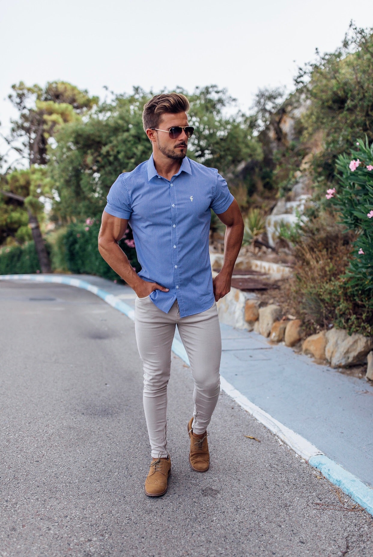 Super Slim Stretch Gingham Short Sleeve (Yellow Emblem) - FS576