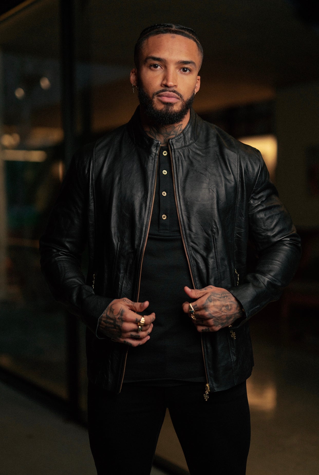 Black Lambs Leather Jacket With Gold Zips - FSH610