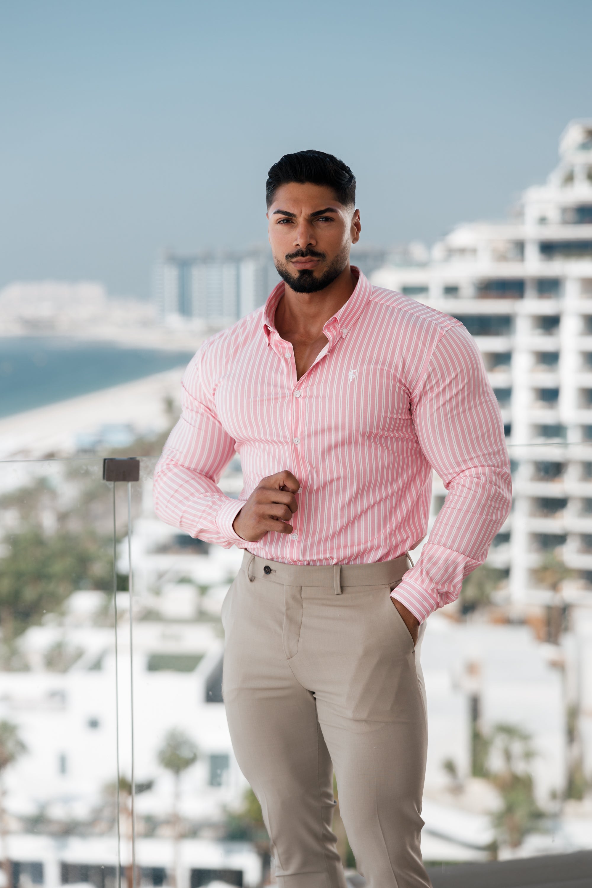 Super Slim Stretch White / Pink Stripe Print Long Sleeve with Button Down Collar - FS888