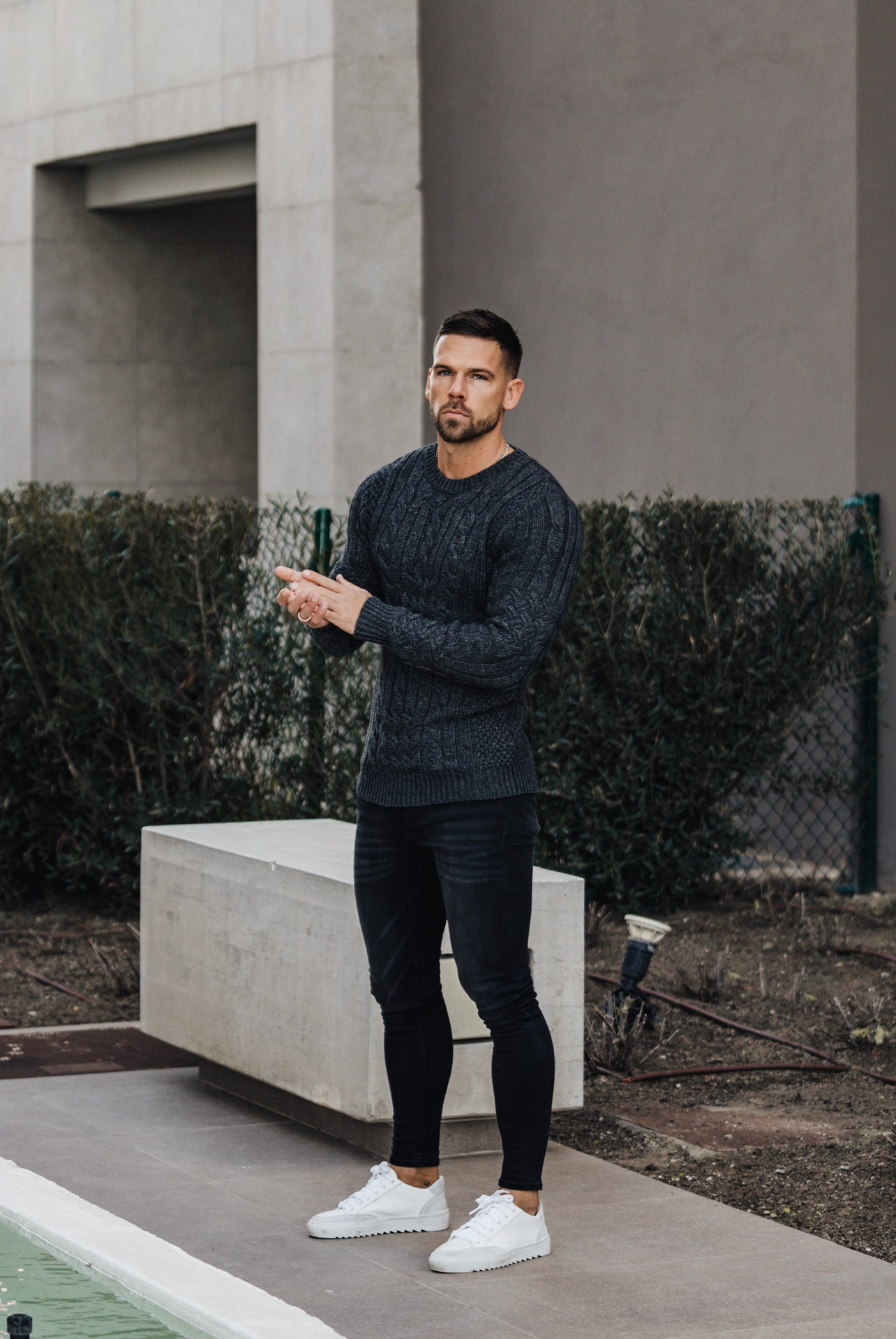 Father Sons Luxury Lambs Wool Braided Knot Charcoal Sweater With Metal Decal - FSN024