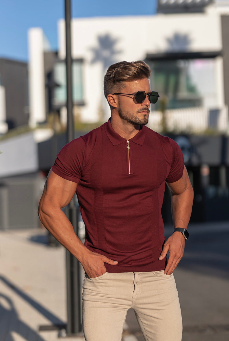 Father Sons Classic Fig Burgundy and Gold Zip Knitted Short Sleeve Polo - FSH466