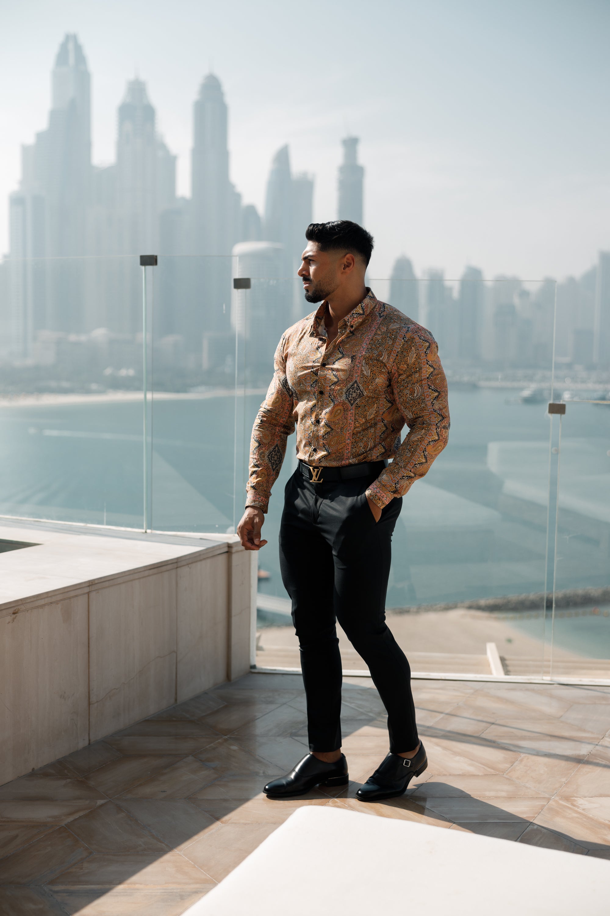 Super Slim Stretch Tan Paisley Print Long Sleeve with Button Down Collar - FS892