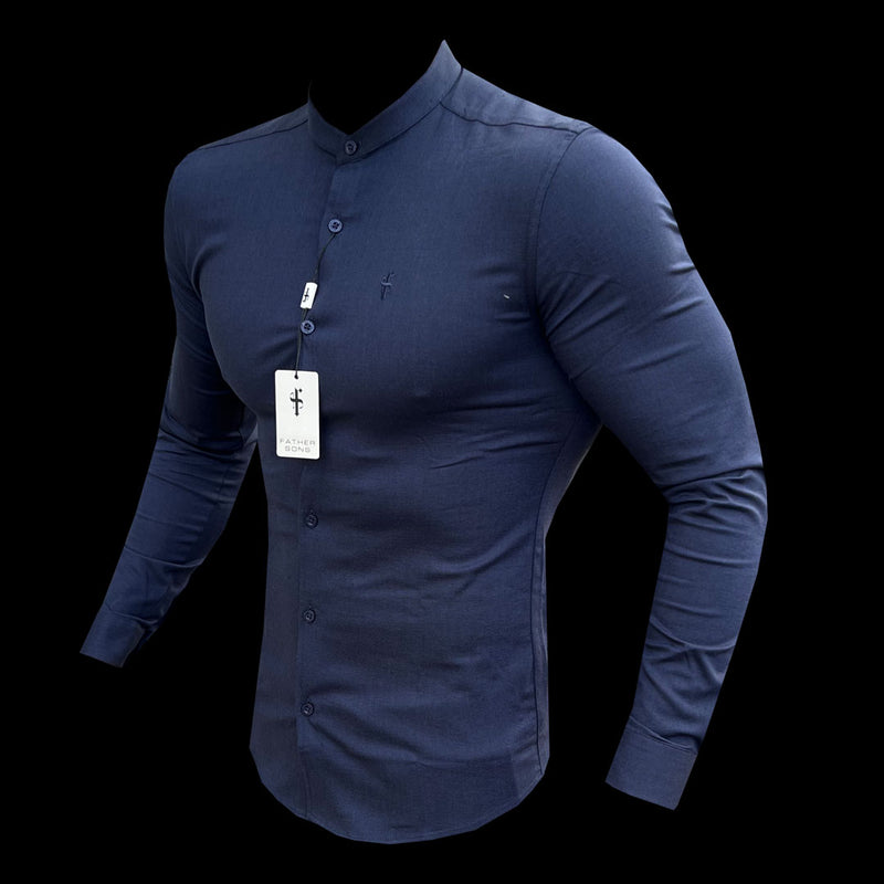 Father Sons Super Slim Stretch Grandad Collar Classic Navy Oxford  Long Sleeve - FS583