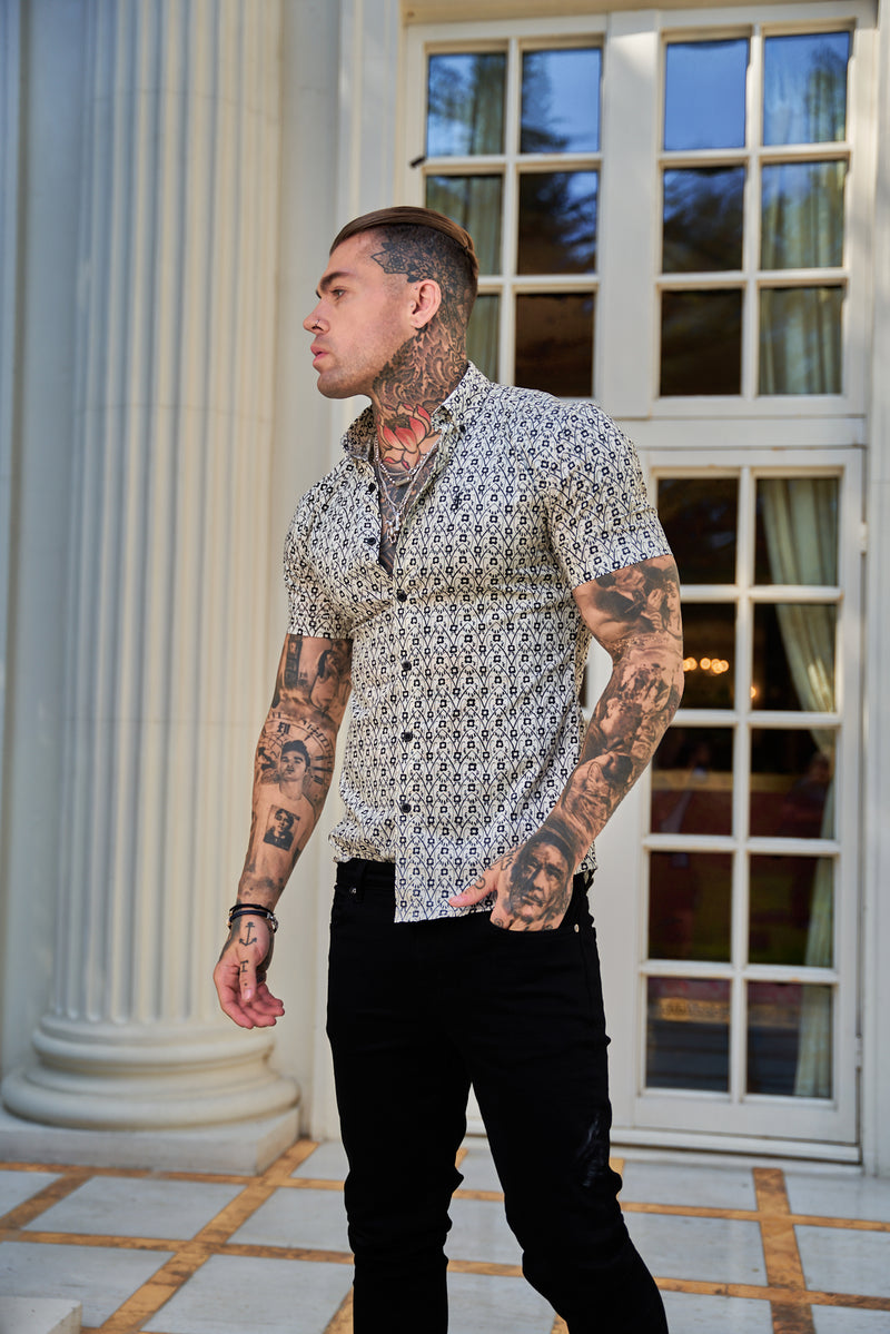 Father Sons Super Slim Stretch Ecru / Black Geo Flower Print Short Sleeve with Button Down Collar - FS788