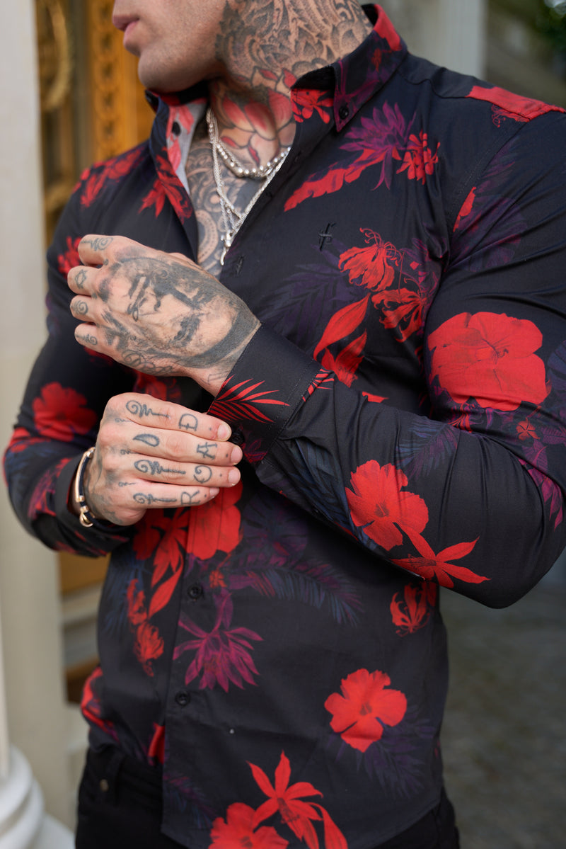 Father Sons Super Slim Stretch Black and Red Floral Print Long Sleeve with Button Down Collar - FS770