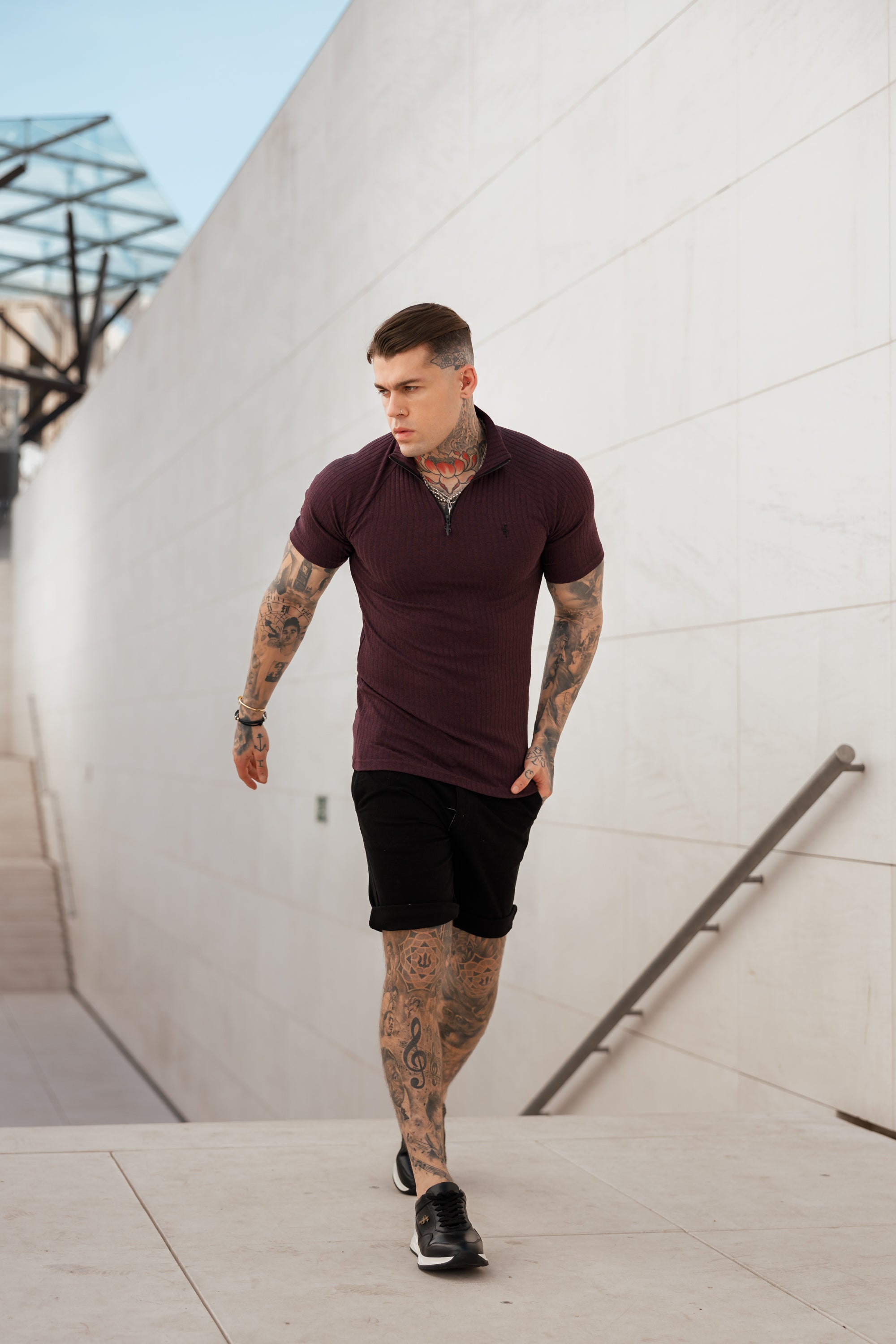 Classic Plum Ribbed Zip Funnel Neck Raglan Short Sleeve Crew - FSH732