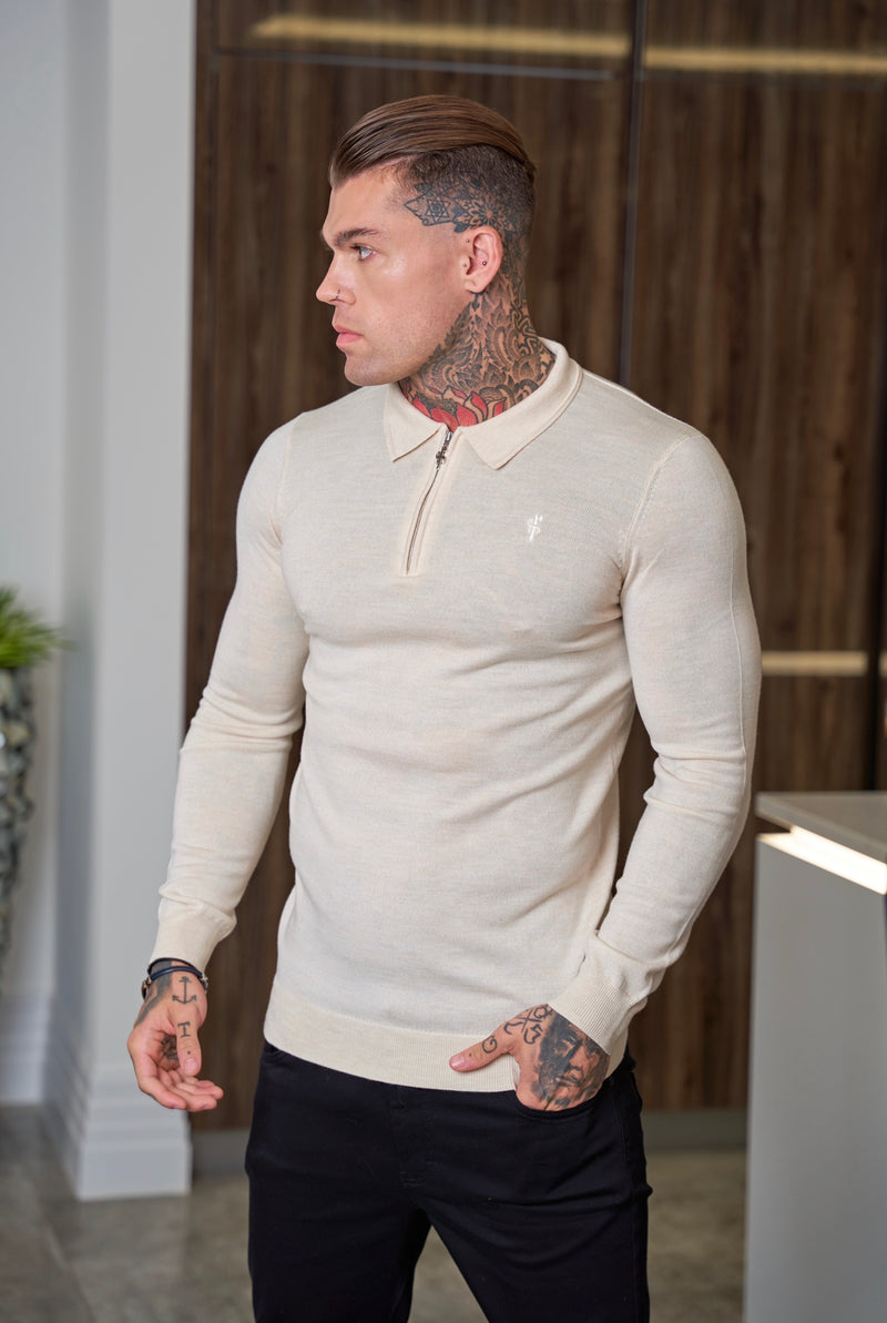 Father Sons Classic Beige Merino Wool Knitted Zip Polo Long Sleeve Sweater With FS Embroidery- FSN008