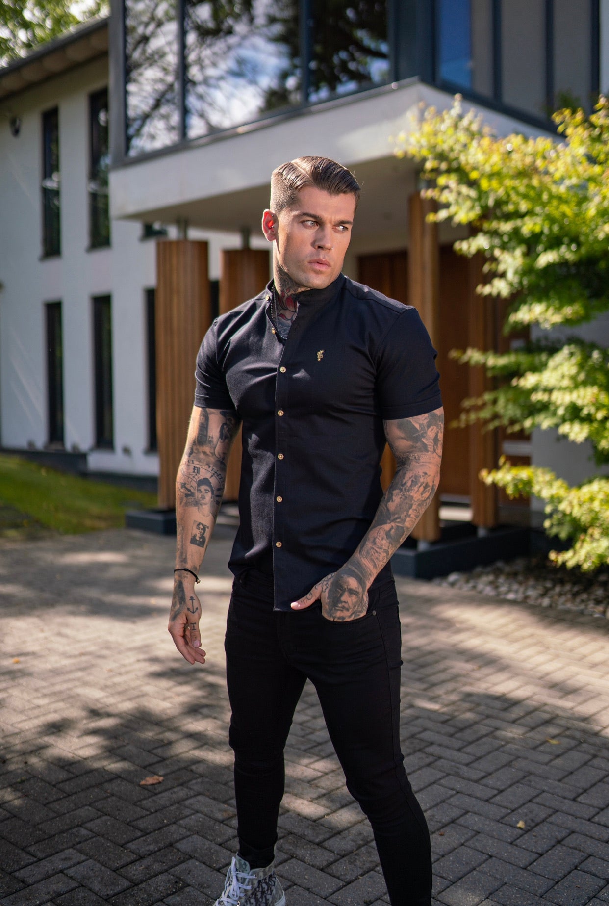 Super Slim Stretch Black Denim Short Sleeve Grandad collar with Metal Buttons and Decal Emblem - FS708