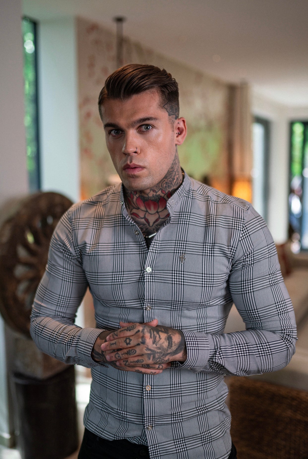Super Slim Stretch Prince Of Wales White and Black Check Long Sleeve Grandad Collar with Metal Buttons and Emblem- FS733