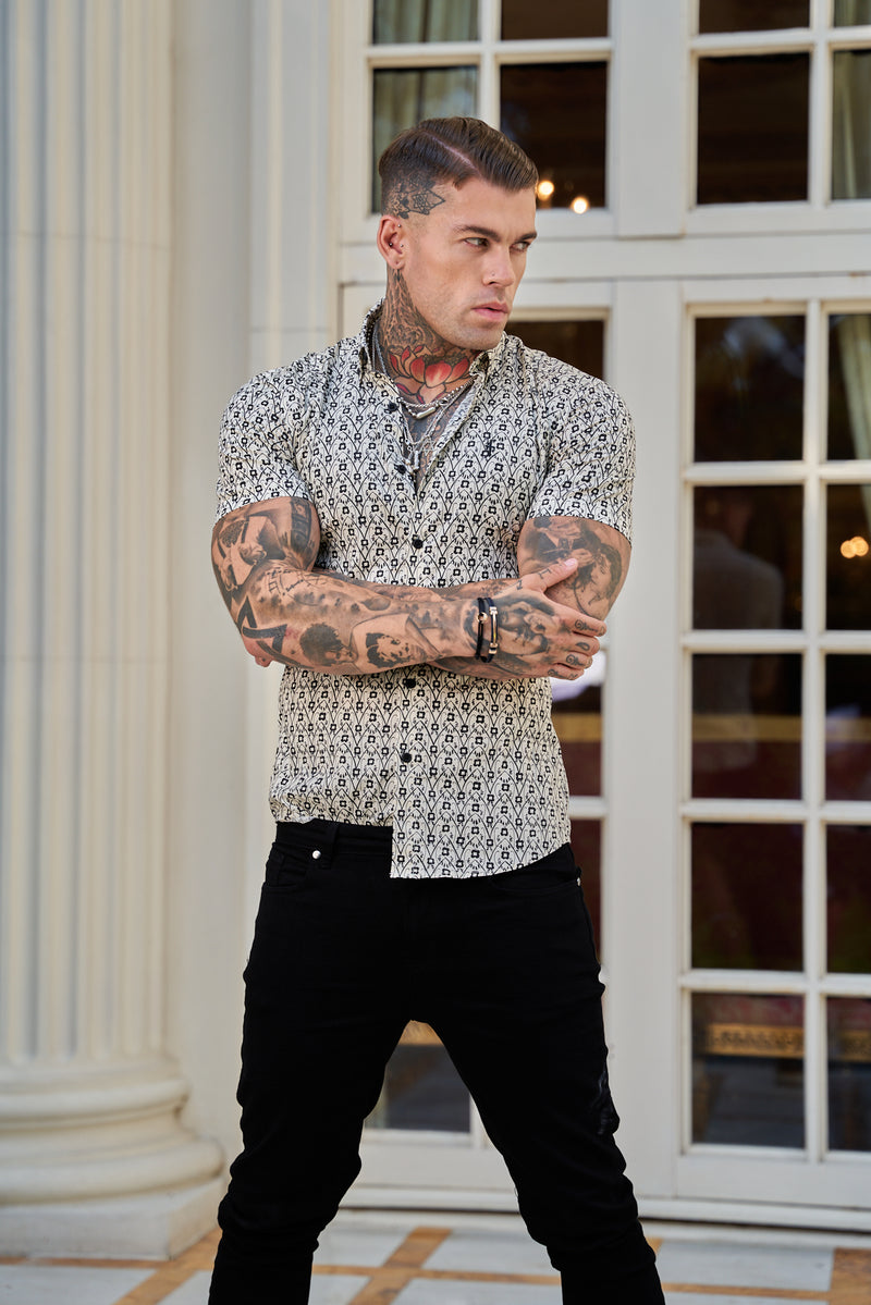 Father Sons Super Slim Stretch Ecru / Black Geo Flower Print Short Sleeve with Button Down Collar - FS788