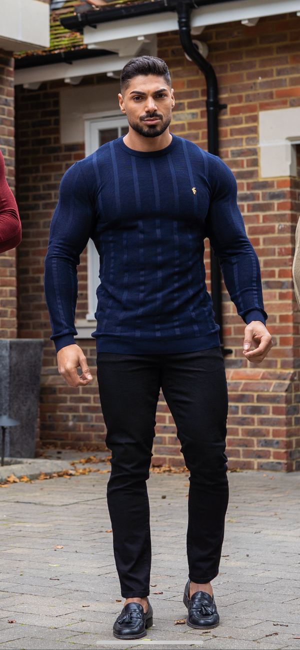 Father Sons Classic Long Sleeve Navy Knitted Wide Rib Crew with Gold Emblem - FSH605