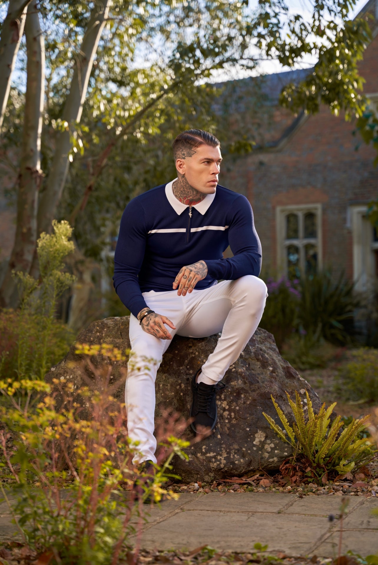 Classic Navy / White Horizontal Stripe Zipped Polo Long Sleeve - FSN048