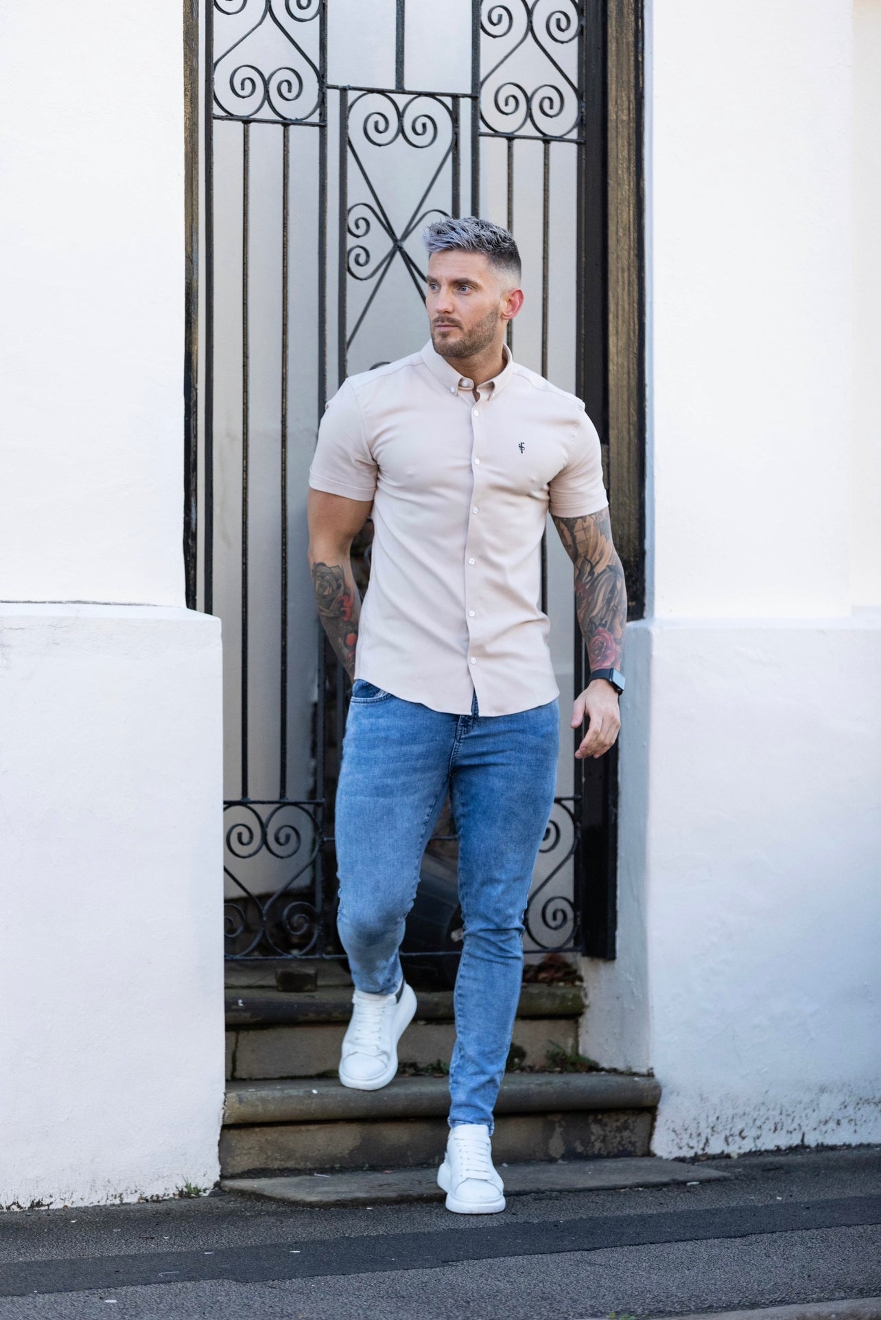 Super Slim Scuba Taupe Short Sleeve Stretch White Buttons - FS487W