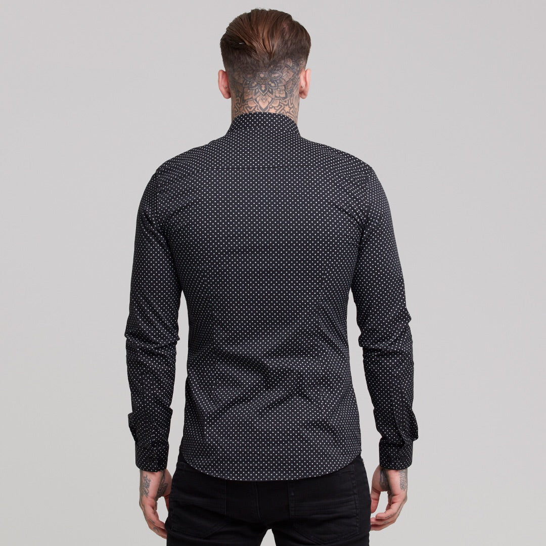 Super Slim Stretch Black & White Ditsy Print Long Sleeve FS414