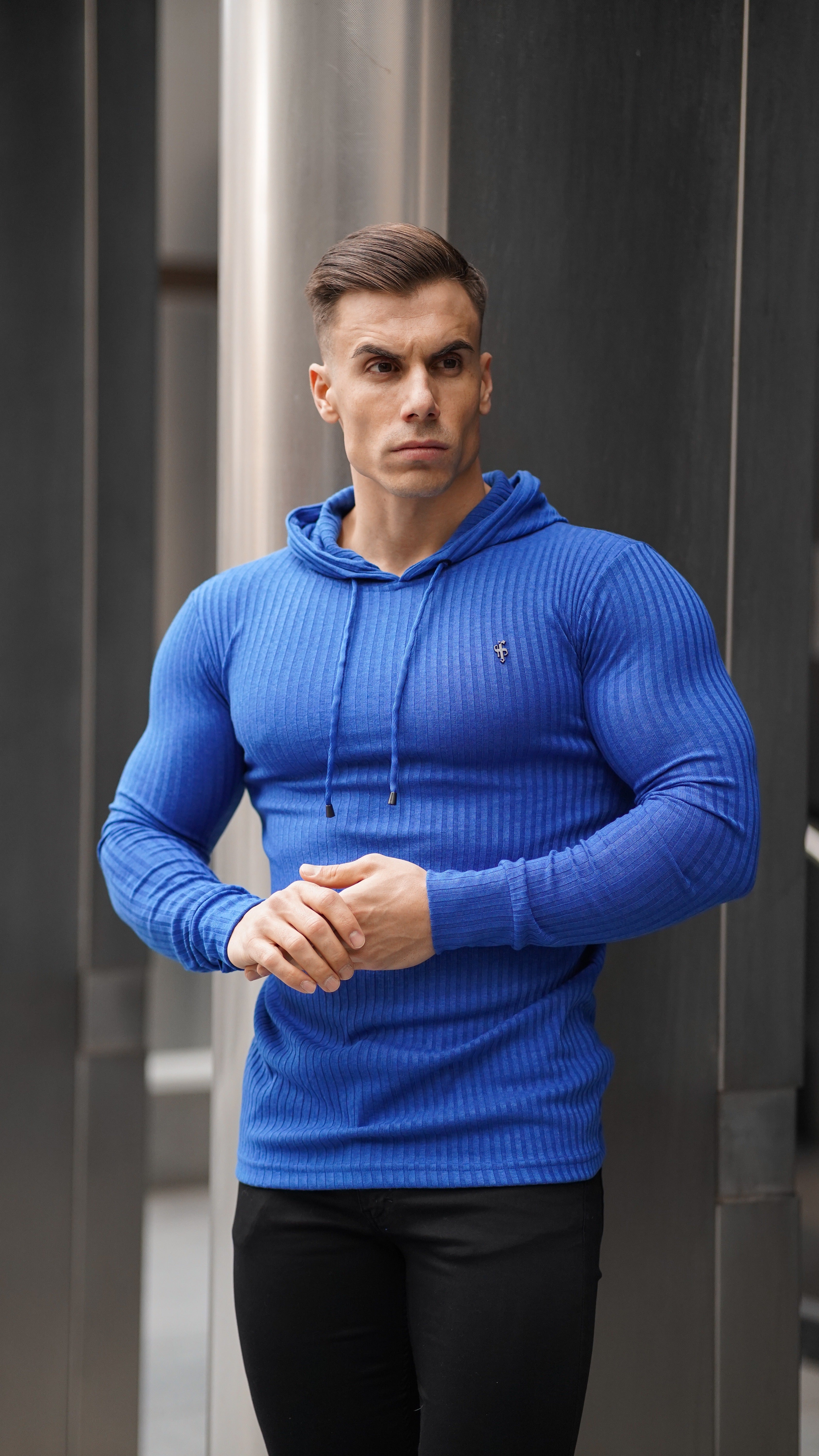 Classic Royal Blue Ribbed Knit Hoodie Jumper With Black Emblem - FSH597