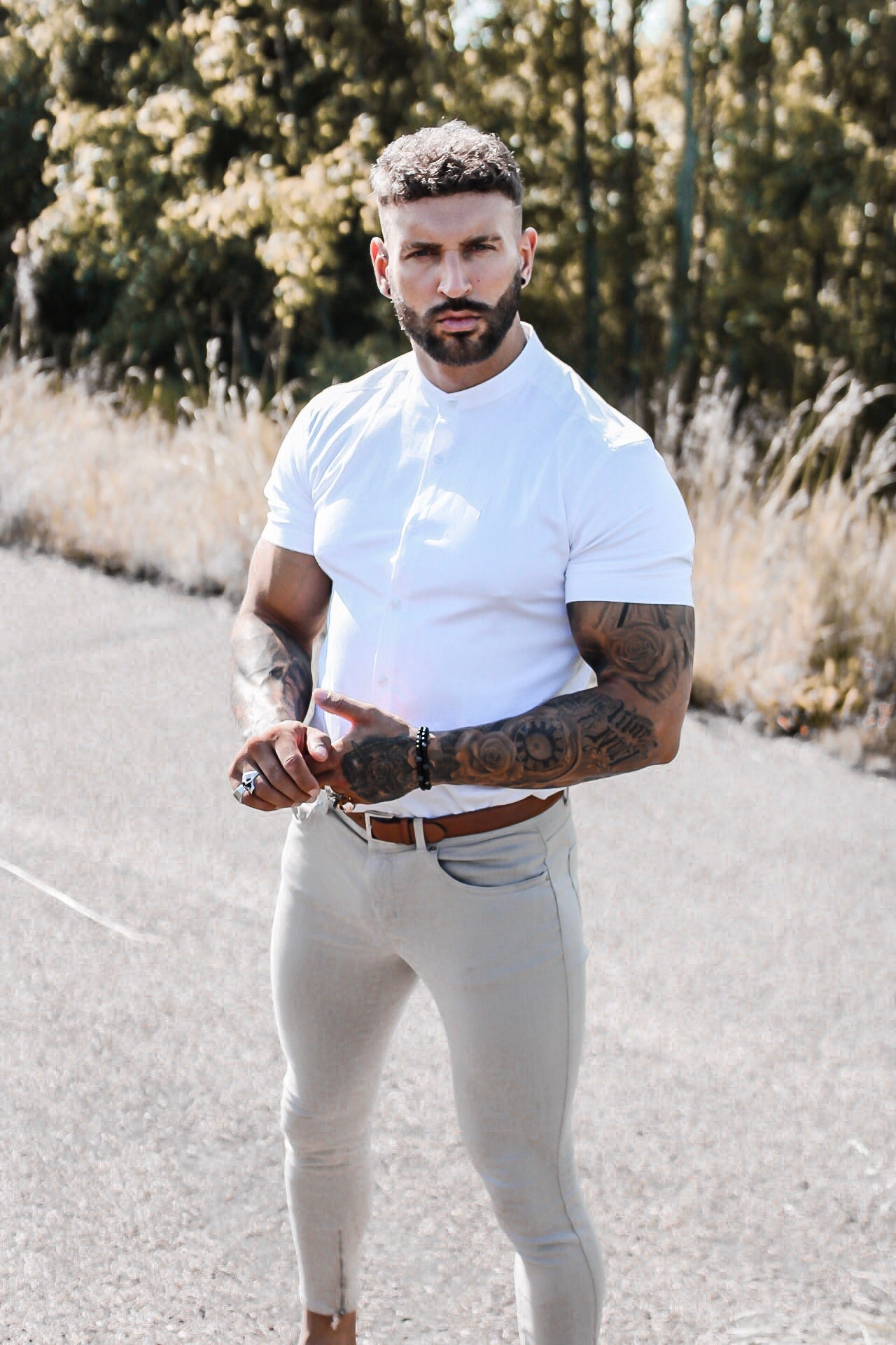 Super Slim Stretch Classic All White Grandad Collar Short Sleeve - FS580