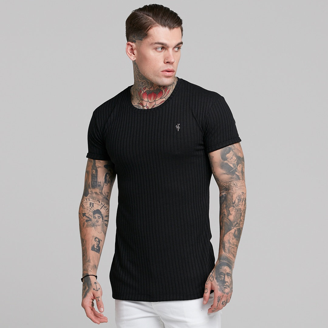 Classic Black Ribbed Knit Super Slim Short Sleeve Crew - FSH241