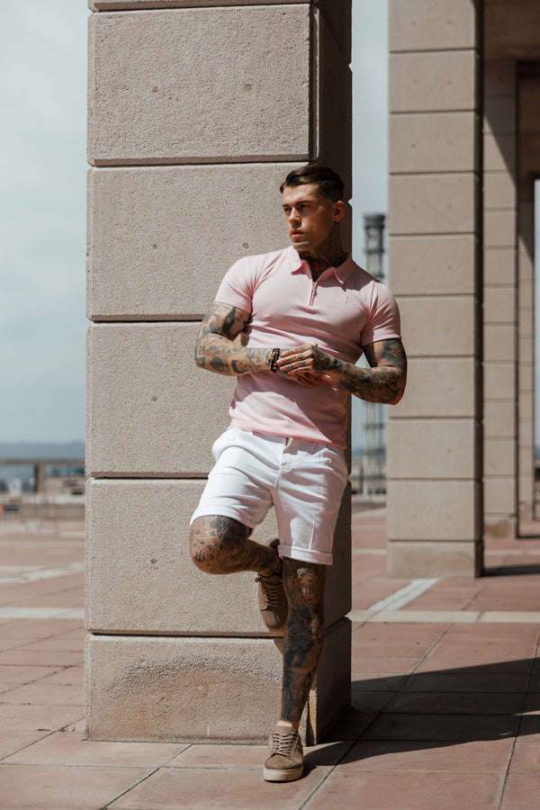 Father Sons Classic Pale Pink Merino Wool Knitted Zip Polo Short Sleeve Sweater With FS Embroidery- FSN029