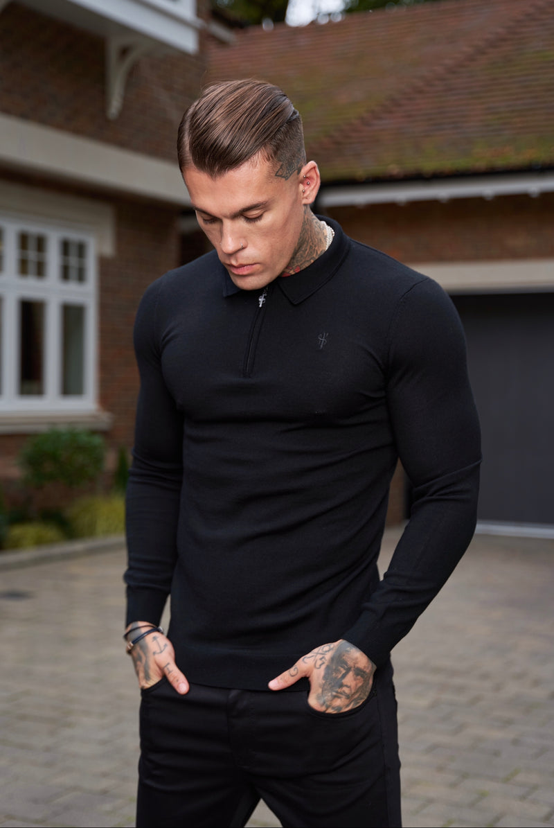 Father Sons Classic Black Merino Wool Knitted Zip Polo Long Sleeve Sweater With FS Embroidery- FSN010