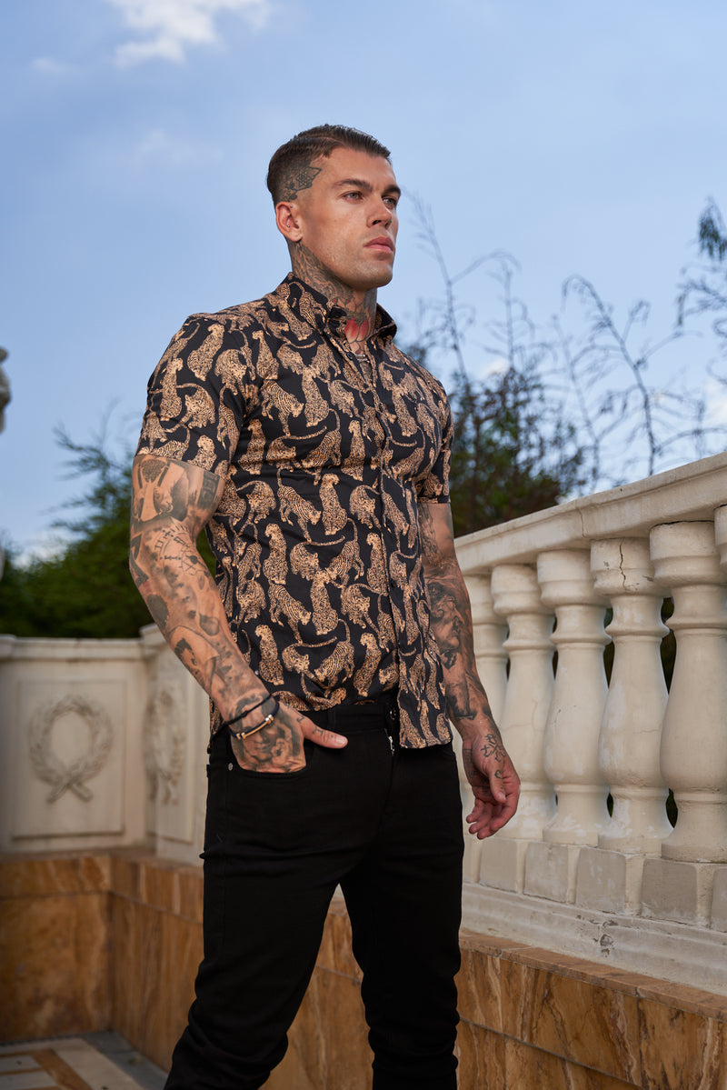 Father Sons Super Slim Stretch Black / Tan Cheetah Print Short Sleeve with Button Down Collar - FS789