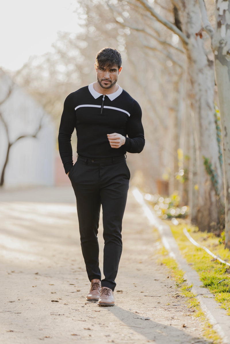 Father Sons Classic Black / White Horizontal Stripe Zipped Polo Long Sleeve - FSN047