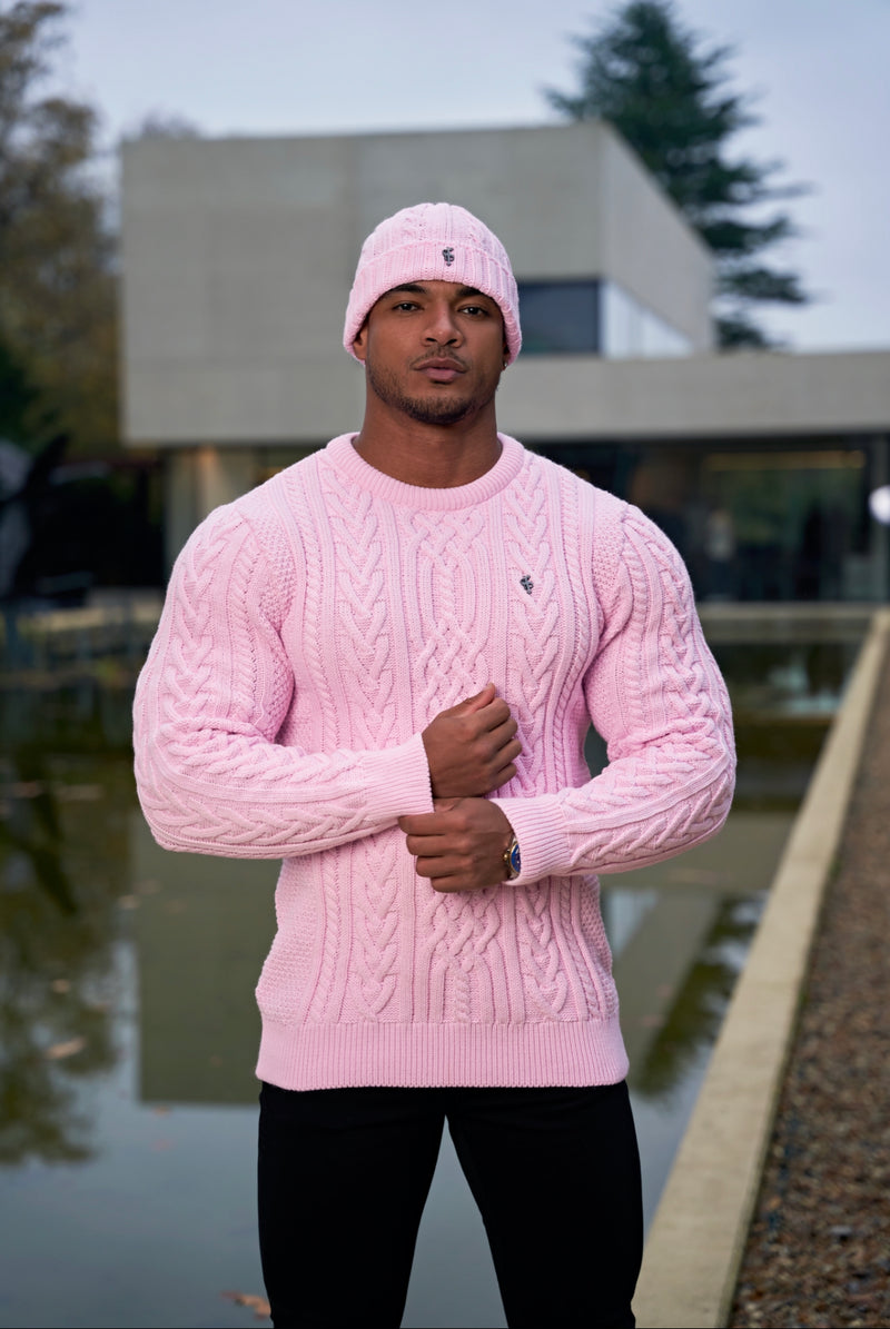 Father Sons Bright Pink Twisted Braid Weave Super Slim Sweater With Gunmetal Decal - FSJ041