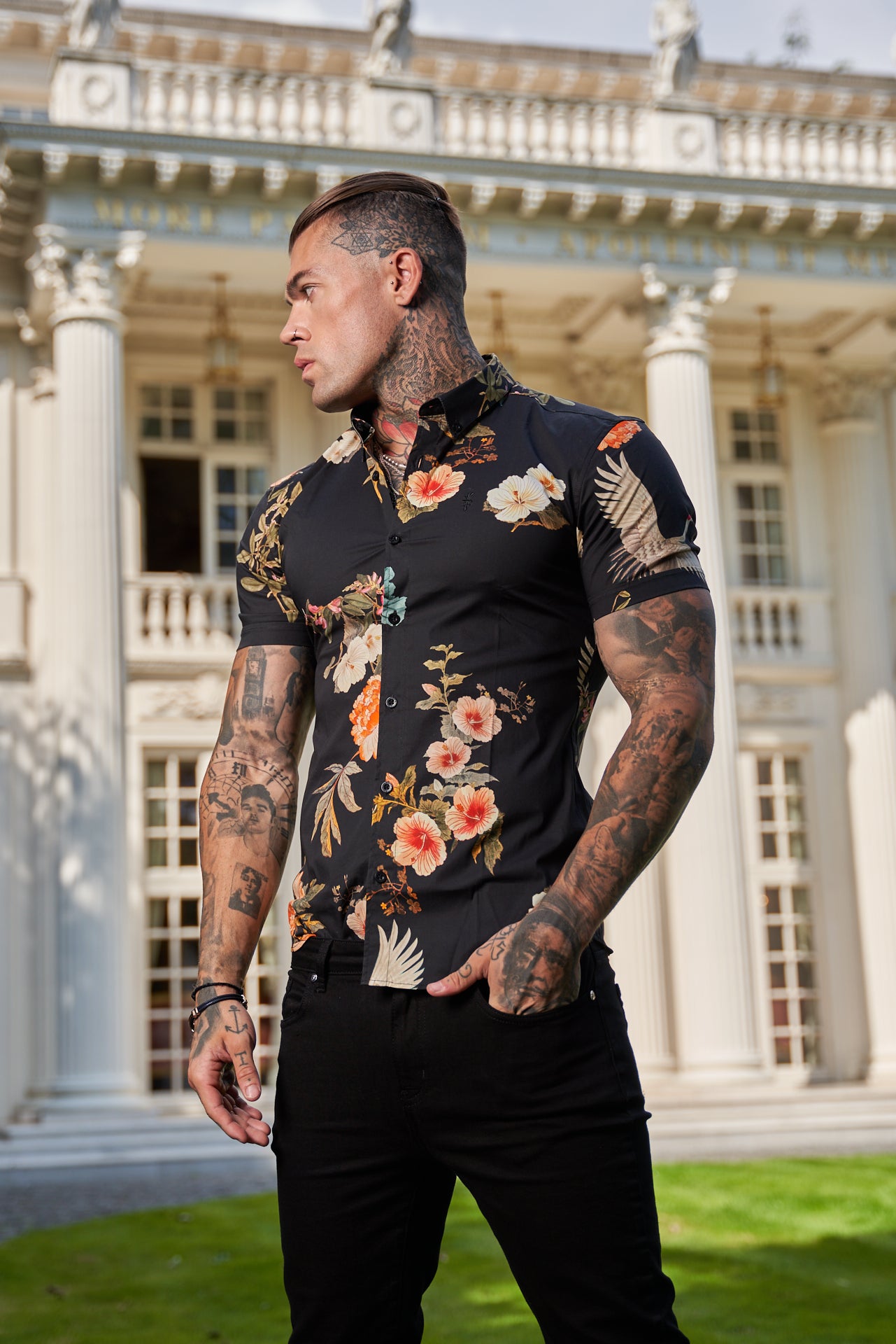 Super Slim Stretch Black Crane Print Short Sleeve with Button Down Collar - FS768