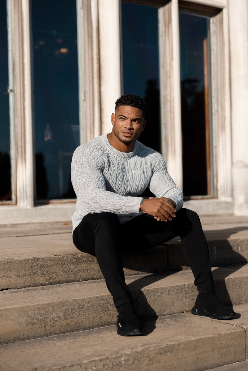 Father Sons Silver Grey Knitted Elongated Diamond Crew Super Slim Raglan Sweater With Metal Decal - FSN053