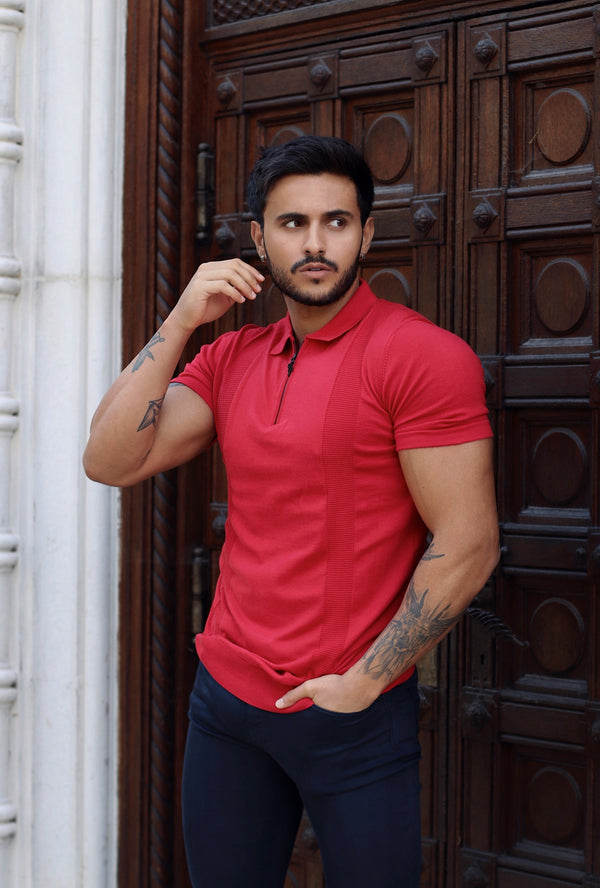 Father Sons Classic Red and Black Zip Knitted Short Sleeve Polo - FSH467