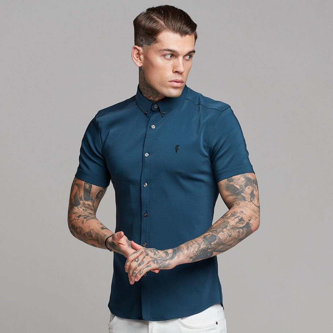 Super Slim Ultra Stretch Classic Teal Short Sleeve (Charcoal Buttons) -  FS485