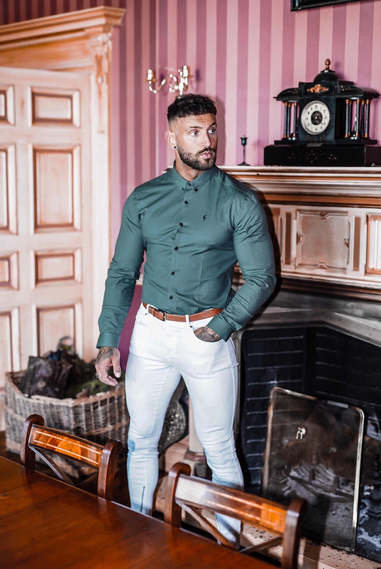 Super Slim Stretch Classic Khaki Oxford Shirt (Black embroidery) - FS553