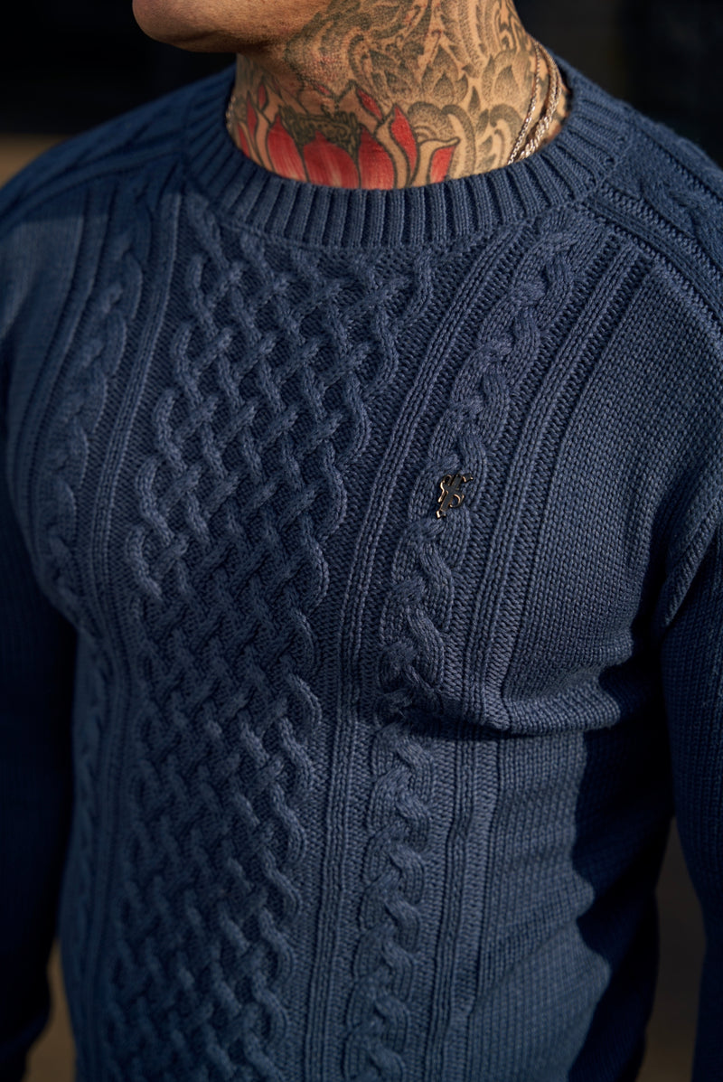 Father Sons Navy Knitted Cable Saddle Crew Super Slim Sweater With Metal Decal - FSN074