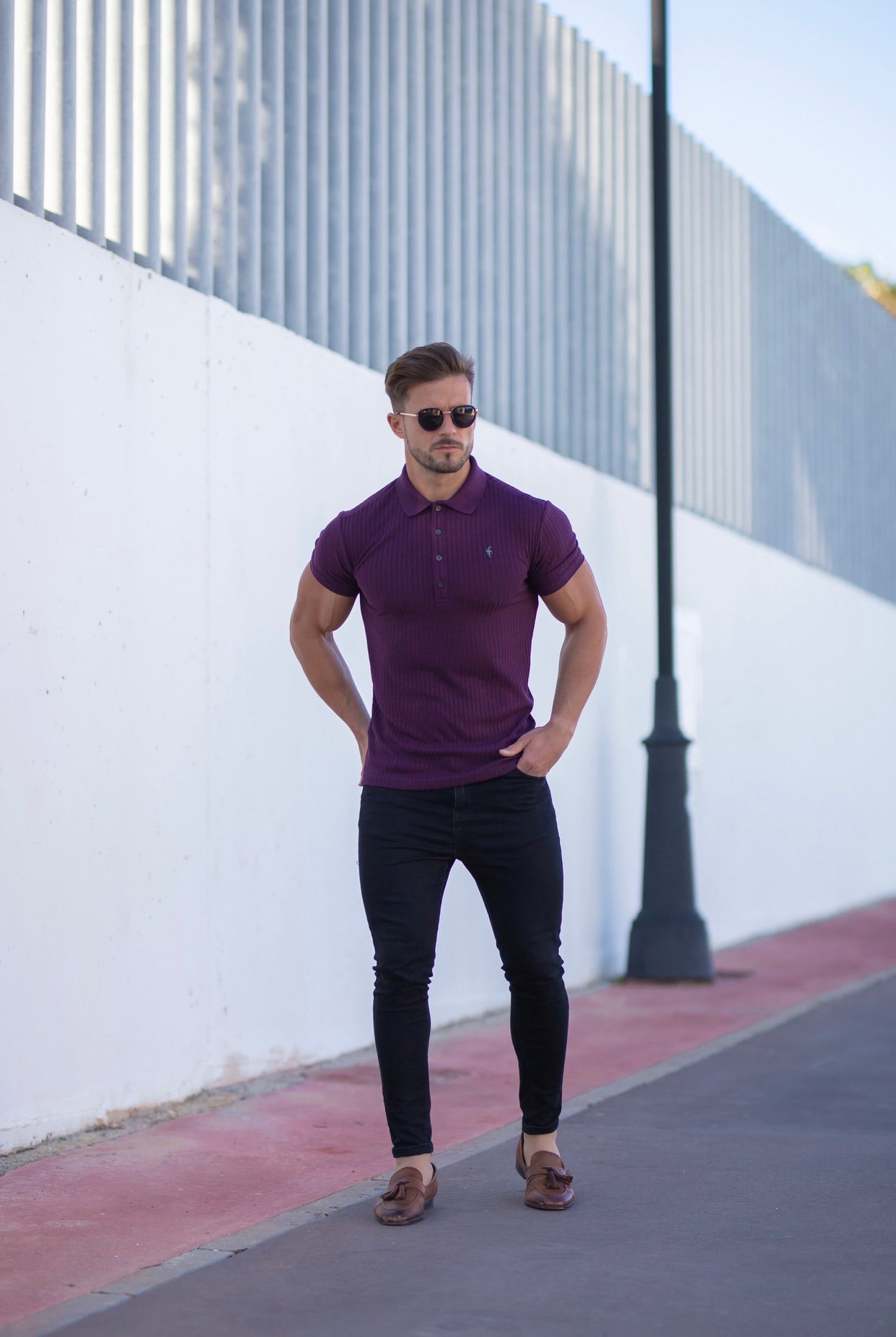 Classic Plum Ribbed Polo Shirt Short Sleeve with Black Metal Emblem Decal & Buttons- FSH585